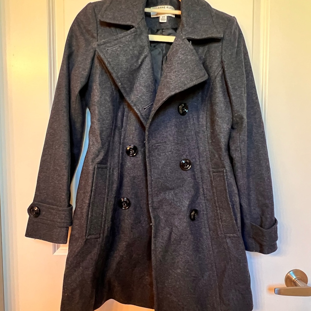 Anne Klein Dark Gray Trench Coat with Wide Lapels